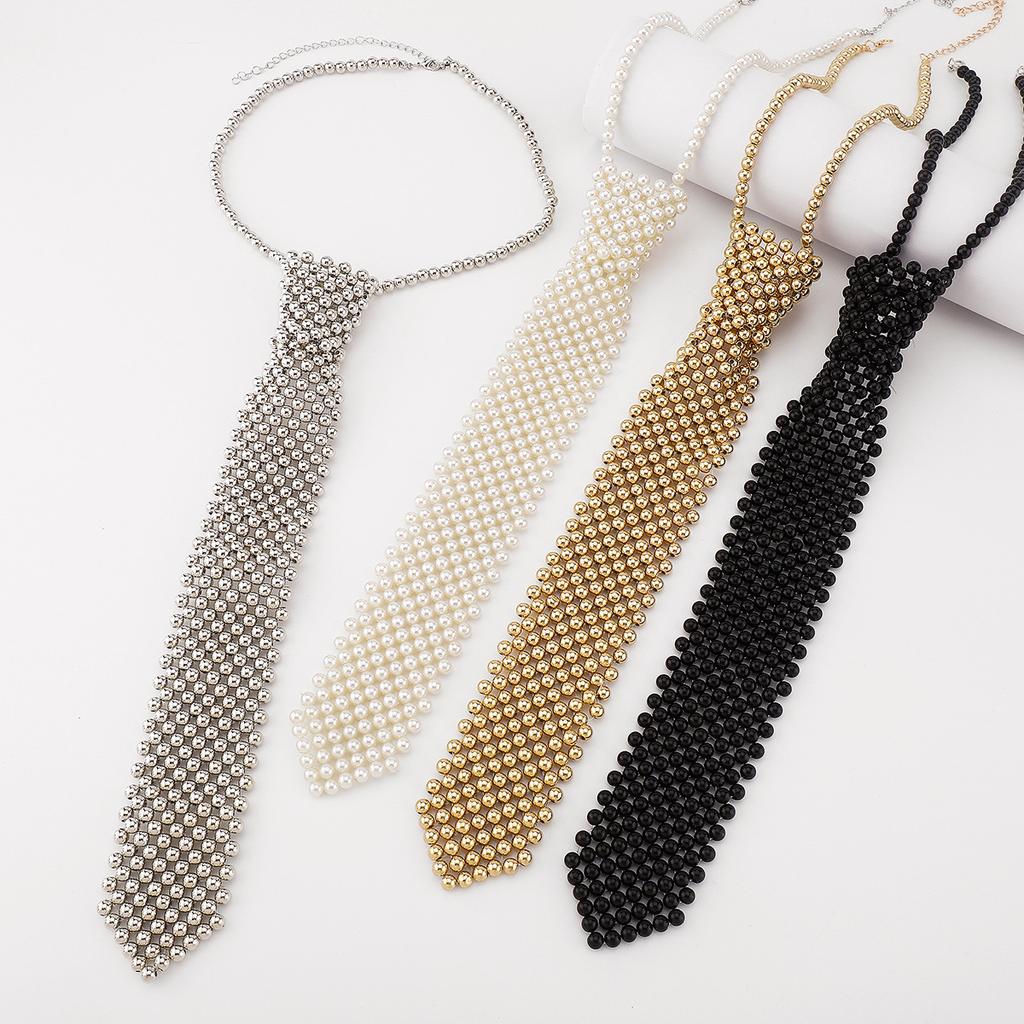 Creative hand-woven pearl tie necklace, beaded alloy bow tie necklace neckline accessories