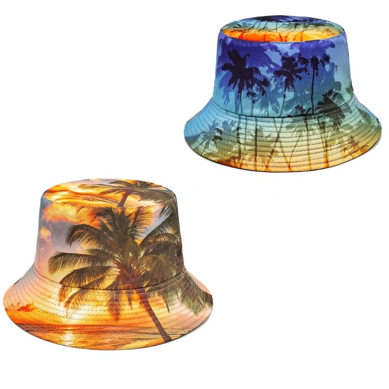 Soft Breathable Bucket Hat Sun Protective Caps with Tropical Scenery Print for Outdoor Activity and Travel Beach Vacation