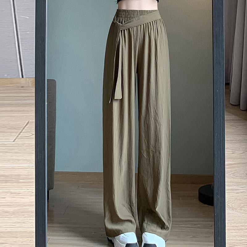 

Летние свободные повседневные широкие брюки с повязками, женские плиссированные брюки из ледяного шелка на шнуровке с высокой талией, драпированные прямые брюки, крутые длинные брюки, модные элегантные тонкие брюки 2XL темно-желтого