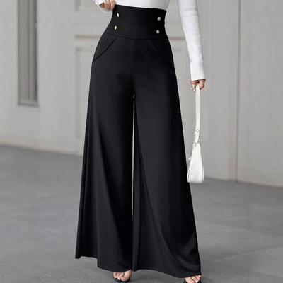 Elegant High-Waisted Black Wide-Leg Pants with Tummy Control and Pockets for Office Wear
