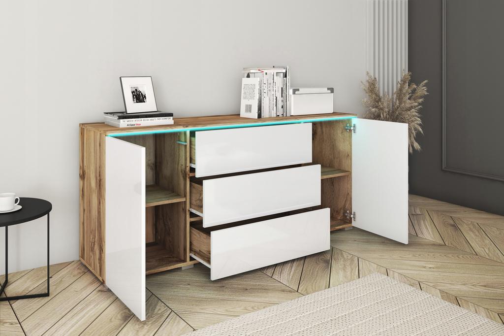 Modern 150cm Chest of Drawers for the Living Room, 3 Drawers, 2 Cabinets, Wotan, White Gloss