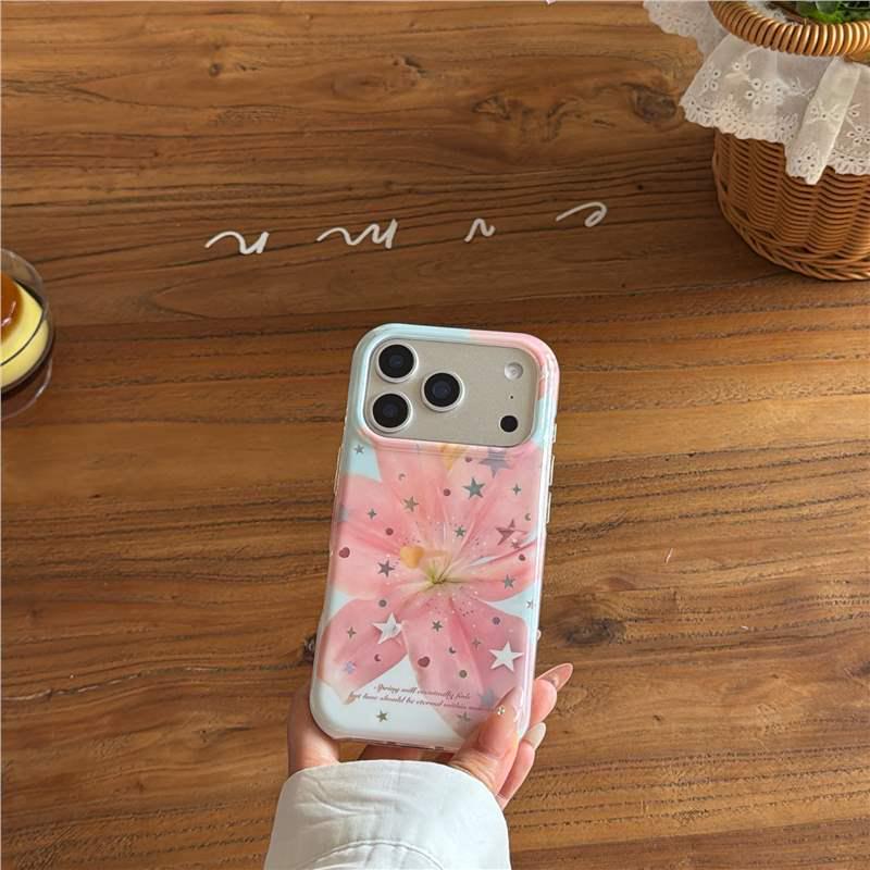 Korean Style Star Powder Lily Flower Phone Case for iPhone 17 Pro Max - Heart Design, Anti-drop, Suitable for iPhone 14, 15, and Apple 16.