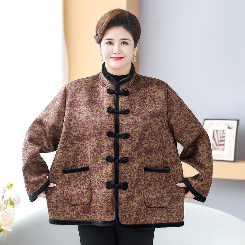 Plus Size Winter Velvet Warm Cotton Jacket for Middle-Aged and Elderly Women