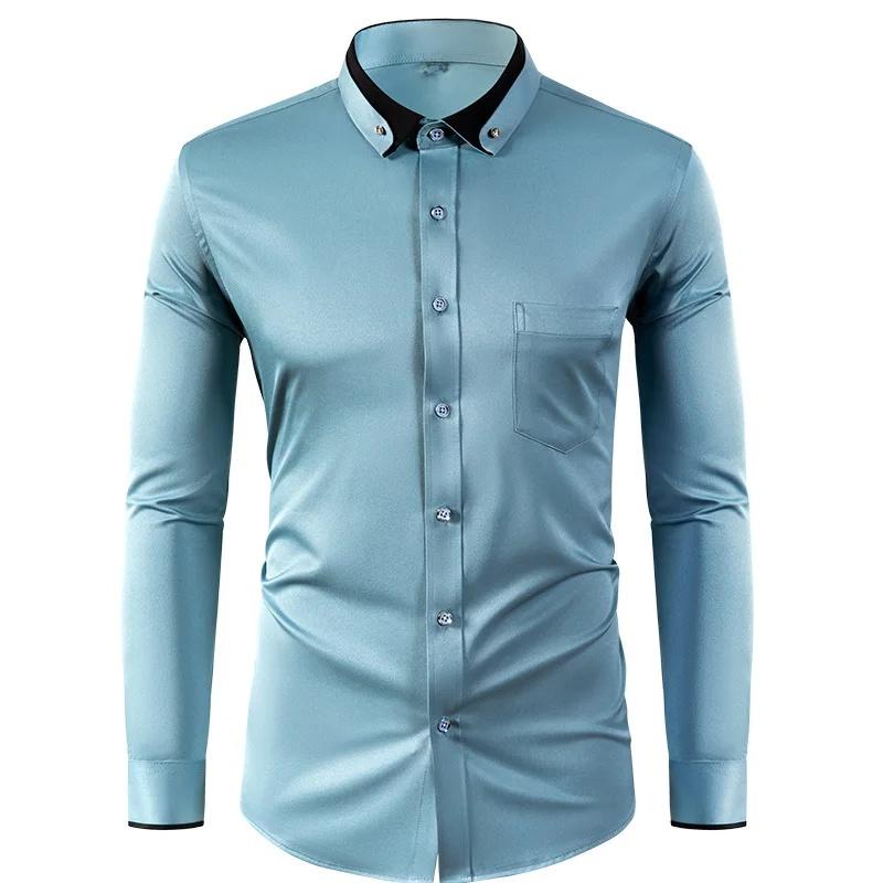 Elastic Shirt Men's Long Sleeved Diamond Buckle Contrasting Collar Design Solid Color Slim Fit Men's Shirt Men's Clothing