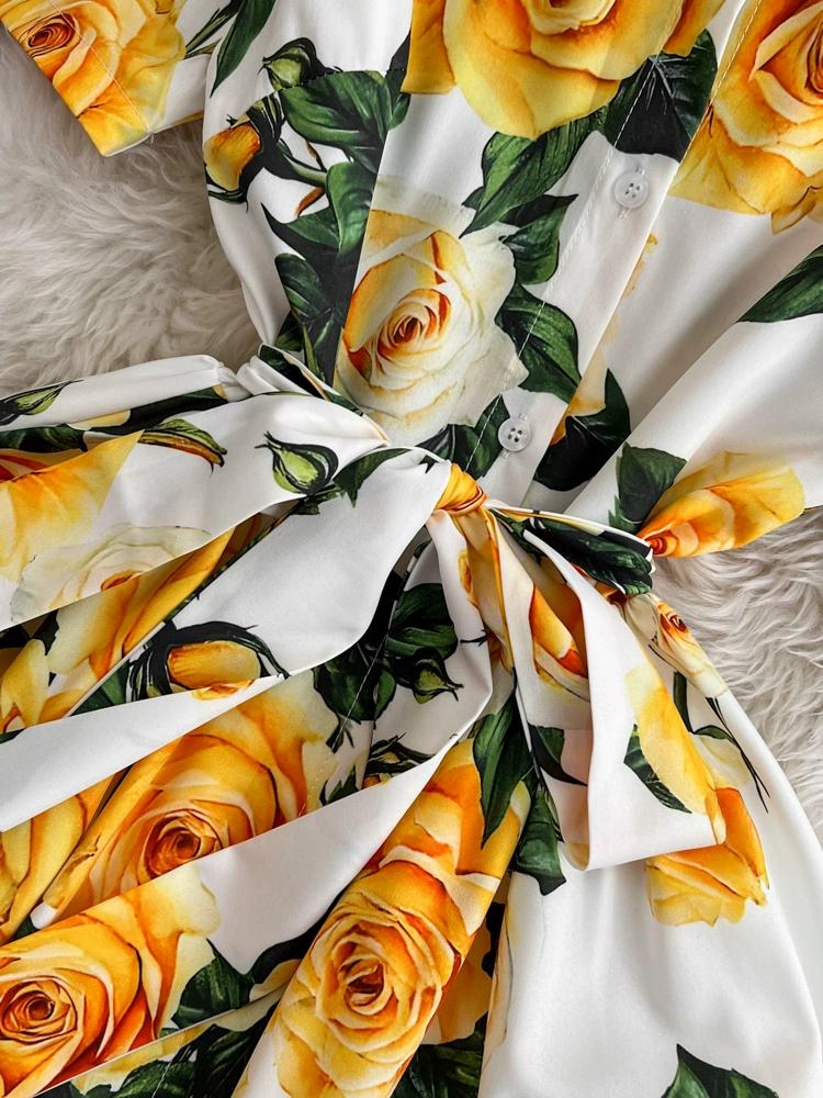 Vestido de pasarela con estampado de diseñador para mujer, elegante vestido de fiesta con cuello vuelto y camisa rosa amarilla