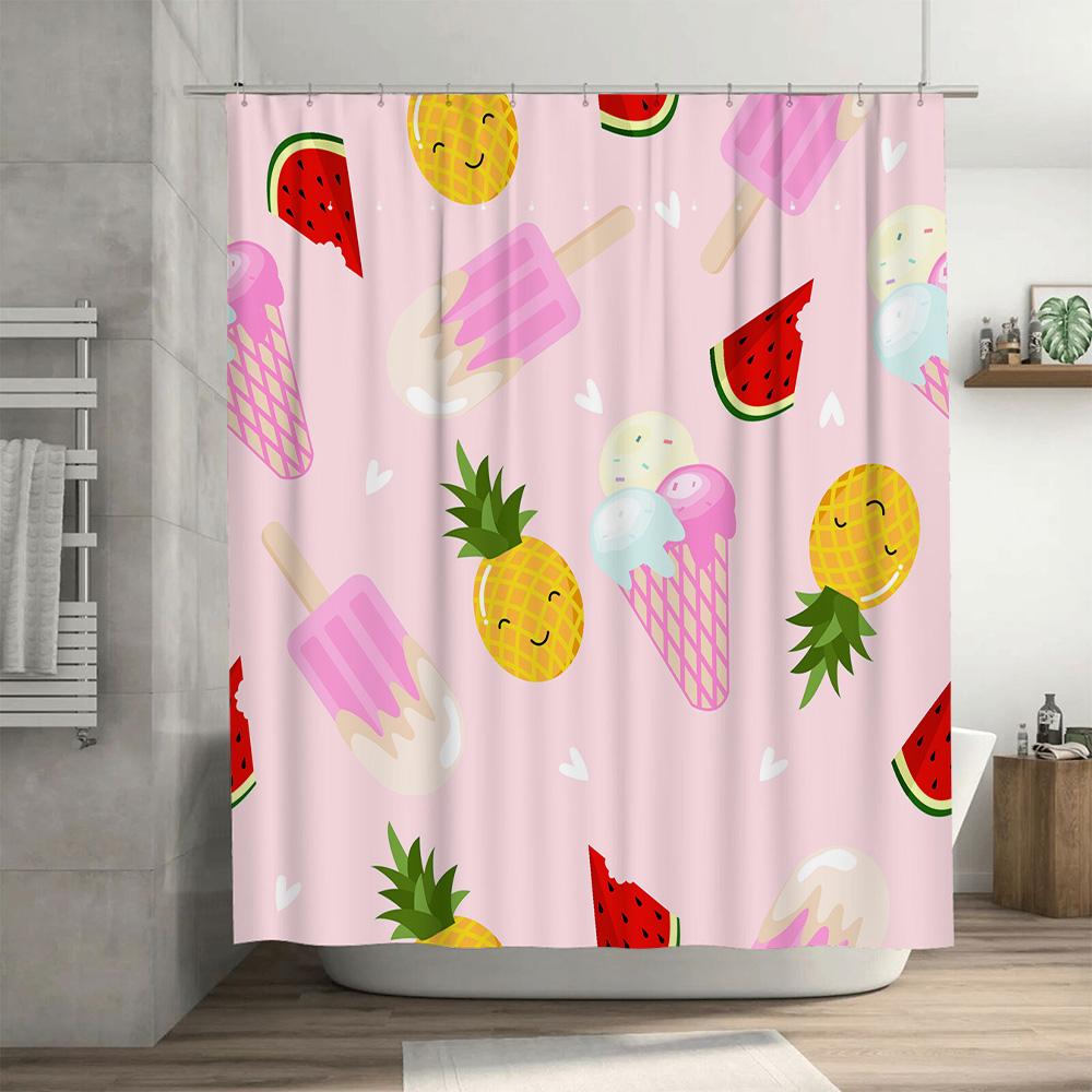 Pink Color Shower Curtain With Ice Cream Pineapple Watermelon Design For Bathroom Decor Free Shipping