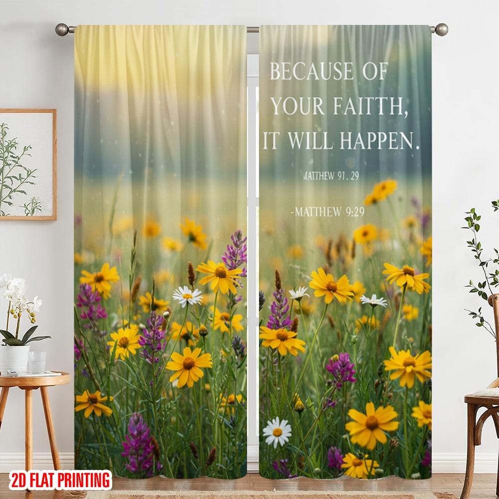 2pcs 2D Flat Printing Window Curtains FAITH HAPPEN Matthew Flowers 100% Polyester Fabric Without Electricity Festive Wall Decor