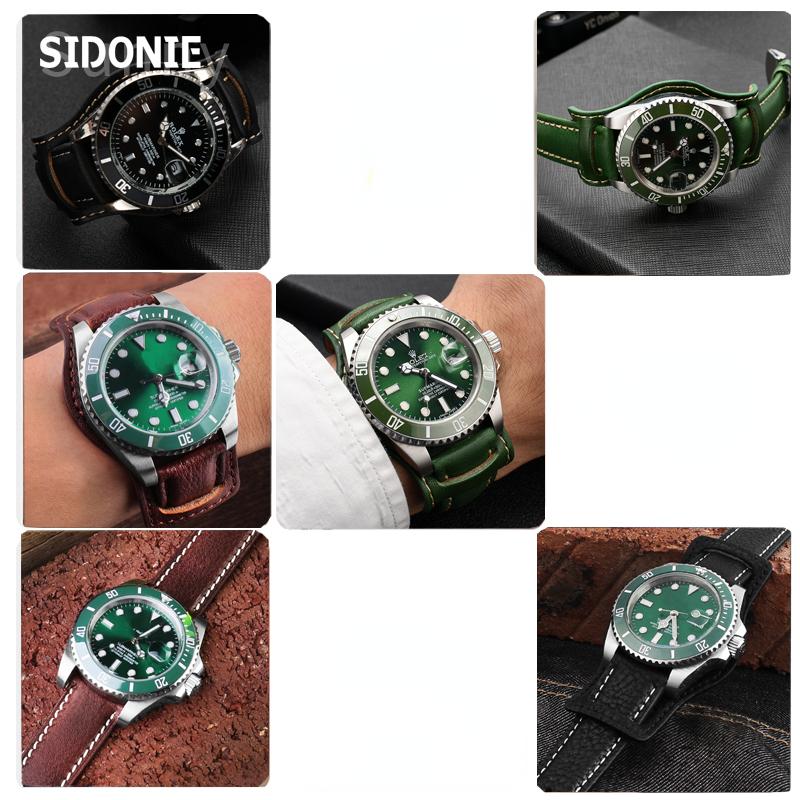 Genuine Leather watch strap for Rolex Green Submariner Omega  timex Vintage plus Tray Men Watch Band 20 22mm
