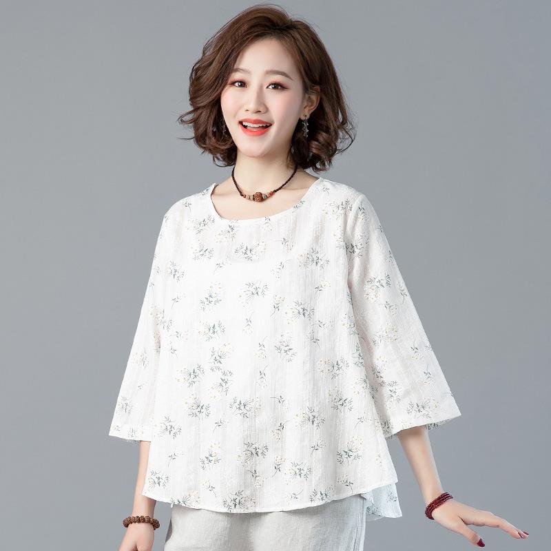 

2026 Summer Artistic Plus Size Women s Printed Seven-Sleeve Round Neck Top 2X Large білий
