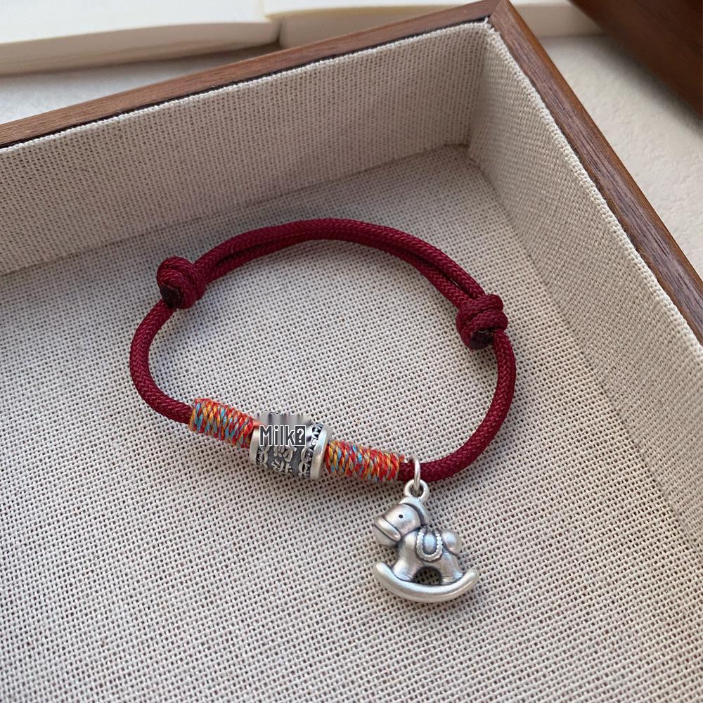 Women's S999 Sterling Silver Prosperity Wooden Horse Red String Zodiac Bracelet - New Chinese Style Handcrafted Jewelry