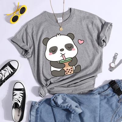 Kawaii Panda And Its Favorite Bubble Tea Female T-Shirt Street Personality Crop Top Summer Casual Tees Shirts Cool Sport Tshirts