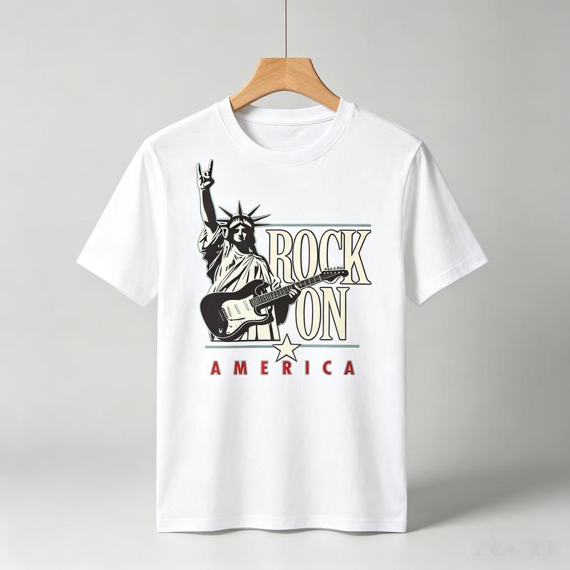 Rock On America Statue of Liberty Guitar Graphic T Shirt Unisex Unisex Unisex Cotton Short Sleeve Tee Casual Streetwear Holiday
