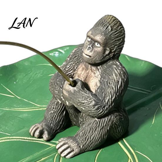 Detailed Animal Figurine for Water Features Fishing Gorilla on Lotus Leaf Ornament, Funny Floating Figurine, Realistic Artistic Landscaping
