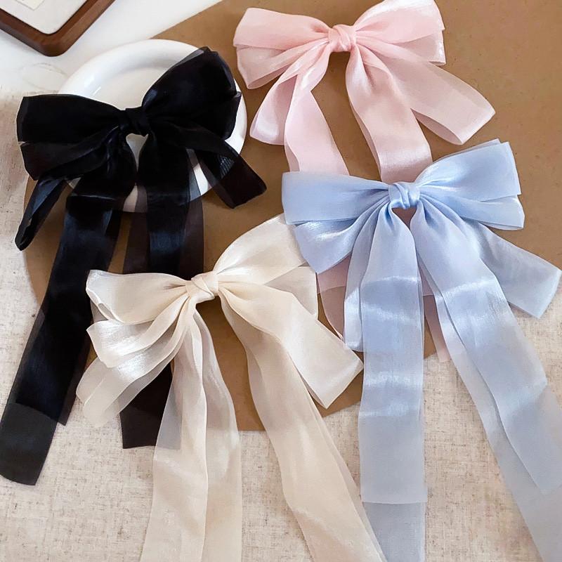 Mesh Bow Hairpins Women's Long Streamers Fairy Half-draped Hair Atmosphere Spring Clips Versatile Hair Accessories