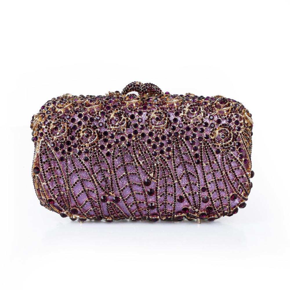 Volle Steine Blume Party Box Clutch Lila/grün Kristall Abendtasche Hochzeit Braut Minaudiere Handtaschen Kette Damen Tasche