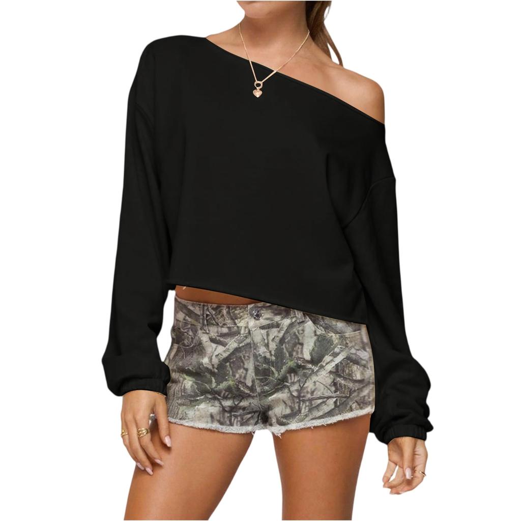 Women's Fashionable Casual Versatile Loose One-shoulder Pullover Women's Style Off-Shoulder Long-Sleeved Sweatshirt