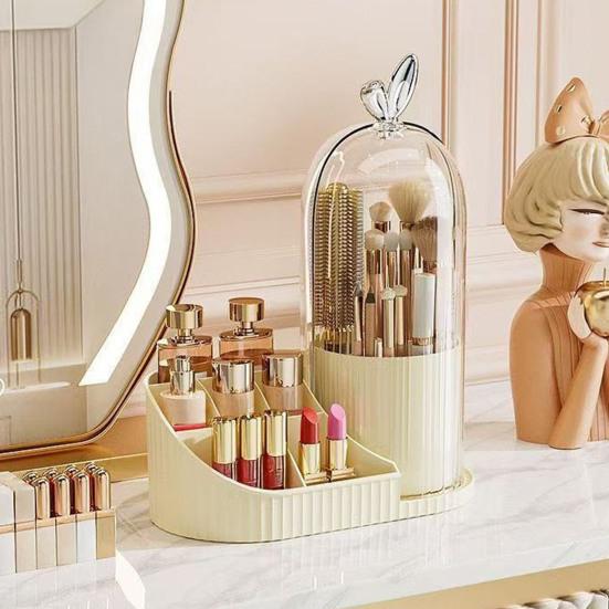 Rotating Makeup Brush Holder Dustproof Makeup Brush Organizer with Sliding Door Cosmetic Tools Beauty Brushes Holder for Vanity Table Bathroom