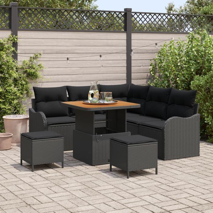 Ensemble de canapé de jardin 8 pièces avec coussins en rotin synthétique noir et acacia, Canapé de jardin 2 places 3362259