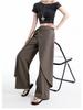 Women's Brown-Gray Wide-Leg Pants with Flowing Ribbons, 2026 New Style, Slimming, Good Drape, Casual Straight-Leg Suit Pants.