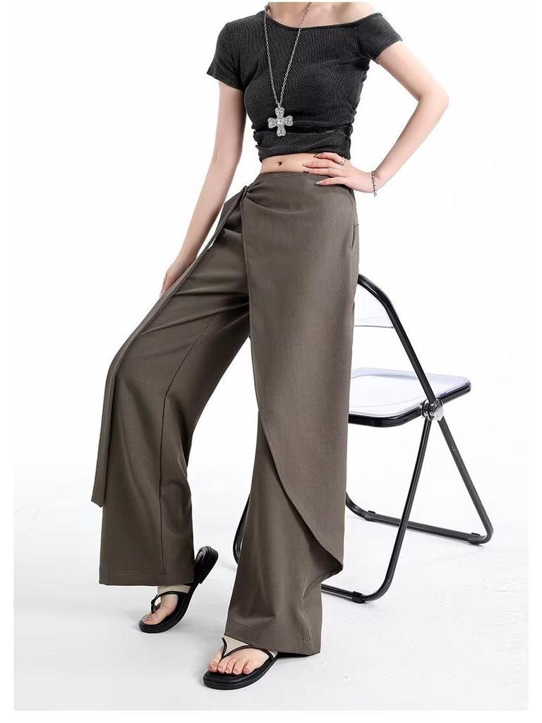 Women's Brown-Gray Wide-Leg Pants with Flowing Ribbons, 2026 New Style, Slimming, Good Drape, Casual Straight-Leg Suit Pants.