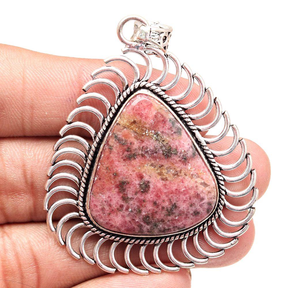 Pendant Rhodonite Gemstone Handmade Mother'Day Gift Silver Jewelry 2.5"