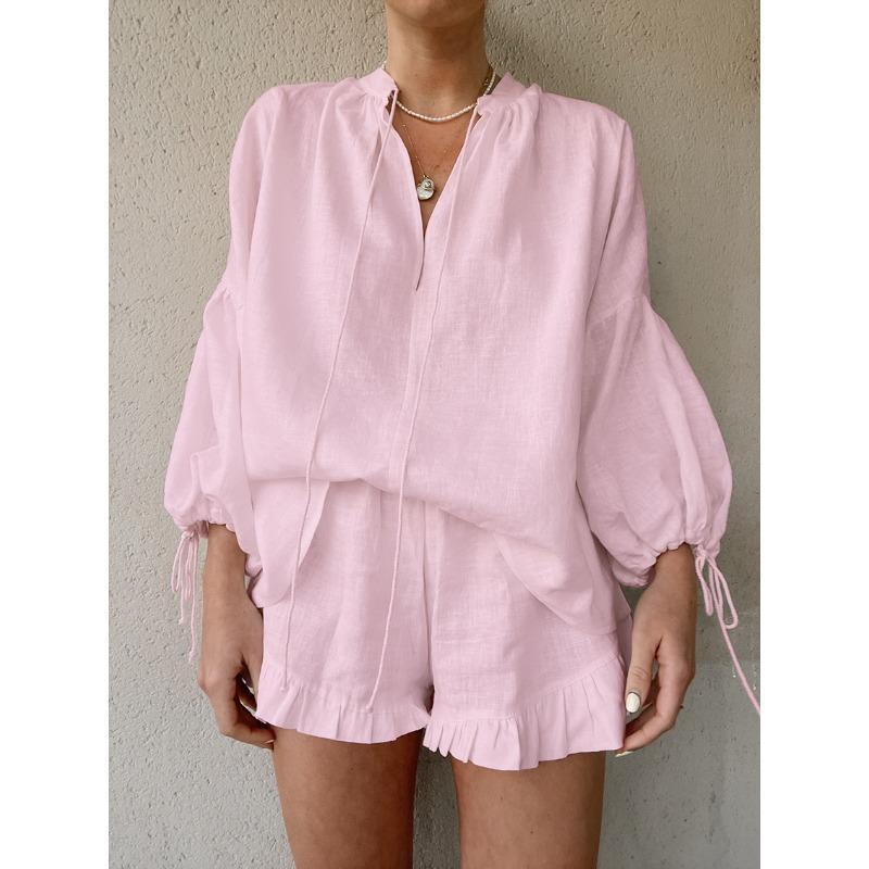 Damen-Shorts-Set aus Baumwolle und Leinen, einfarbig, lockerer V-Ausschnitt, Laternenärmel, Schnürhemd, Shorts mit elastischer Taille, Harajuku, täglicher zweiteiliger Sommer