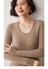 Women's U-neck Slim Fit Cashmere Sweater - Ribbed, Solid Color, Elegant & Versatile Wool Base Layer.