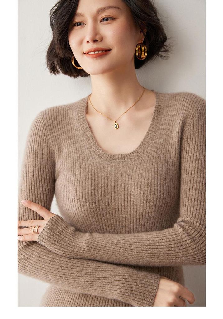 Women's U-neck Slim Fit Cashmere Sweater - Ribbed, Solid Color, Elegant & Versatile Wool Base Layer.