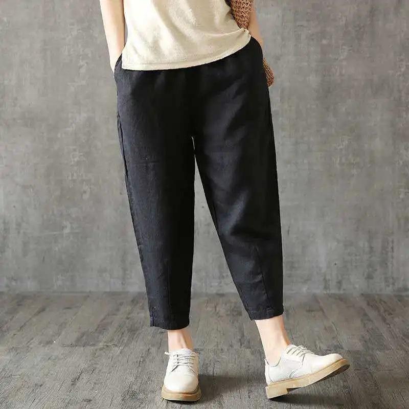 Women s Mid Rise Harem Pants Loose Fit Japanese Casual Cotton Linen Ankle Trousers Geometric Print Pocket Bottoms M