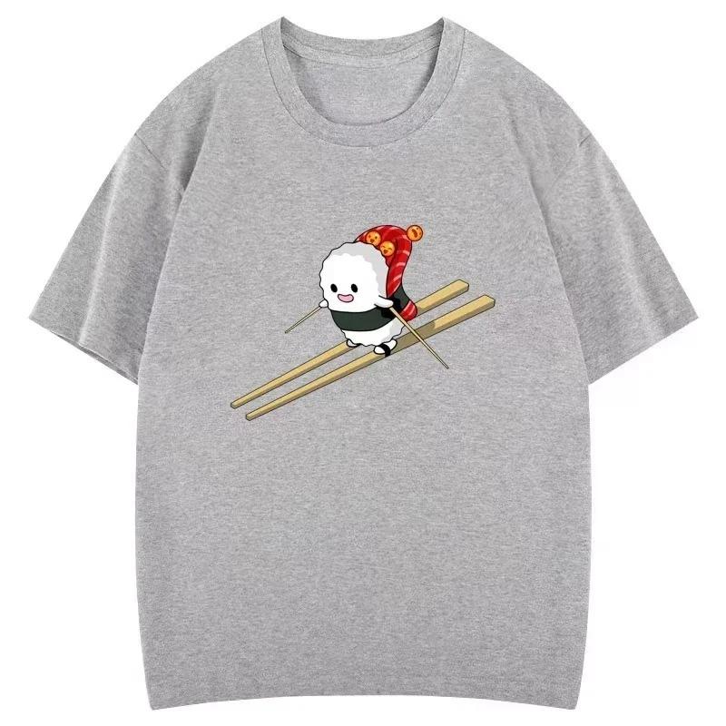 Lustiges Sushi Ski Cartoon Grafik T-Shirt Kreativ Beliebt Mode Ästhetik Druck Oberteile Gothic Hipster Lässig Streetwear Damen