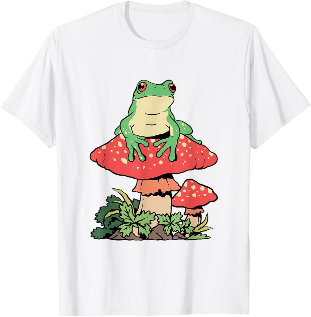 Frog on Mushroom Cottagecore Aesthetic Graphic Tee Men Casual Summer Trip T-Shirt