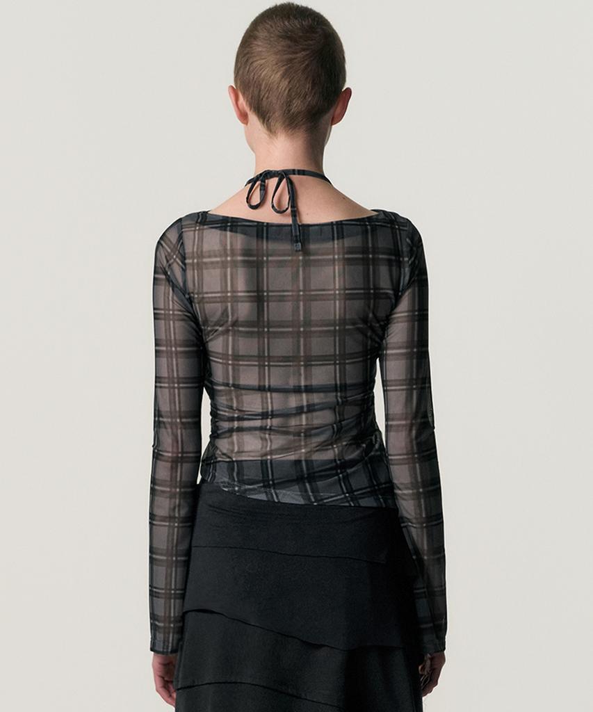 Kimjisu Sheer Plaid Shirring T-Shirt_Grey
