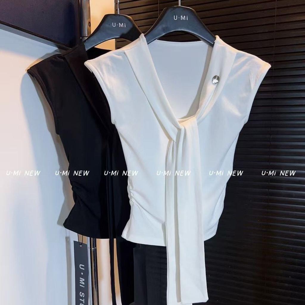 College Shawl Tie Short Sleeve T-Shirt Summer V-Neck Unique Design Simple Slim Temperament Short Top Women