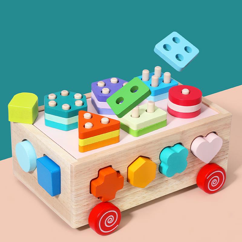 Wooden Multi-Colored Shape Sorting Car Toy For Early Childhood Education Hand-Eye Coordination And Color Shape Recognition