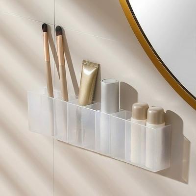 Damage-Free Wall Mounted Organizer Multi Compartment Clear PP Plastic Storage Box for Bathroom Makeup Tools Brush Holder