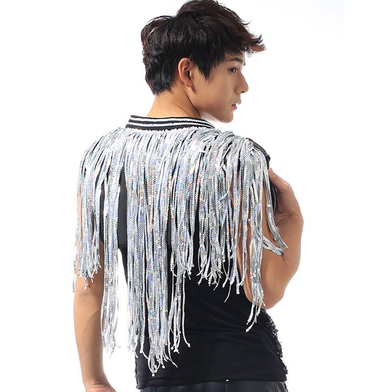 Costume da Cantante da Bar DS di Beyonce Uomo Trapano Lamé Frange Lunghissime Nappe Gilet Giacca Uomo Abbigliamento Rave Jazz Top con Paillettes DNV10064