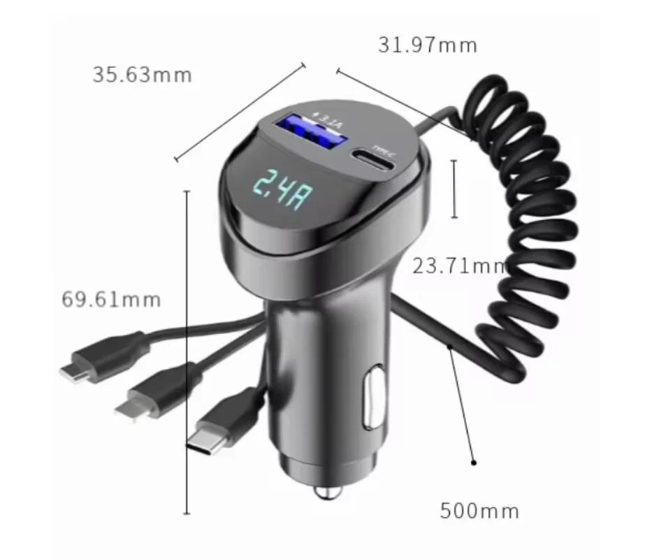 55W 2 Ports USB Fast Car Phone Charger 3.1A with Voltage Display Retractable Charging Cable 3 in 1 for Samsung Xiaomi iPhone