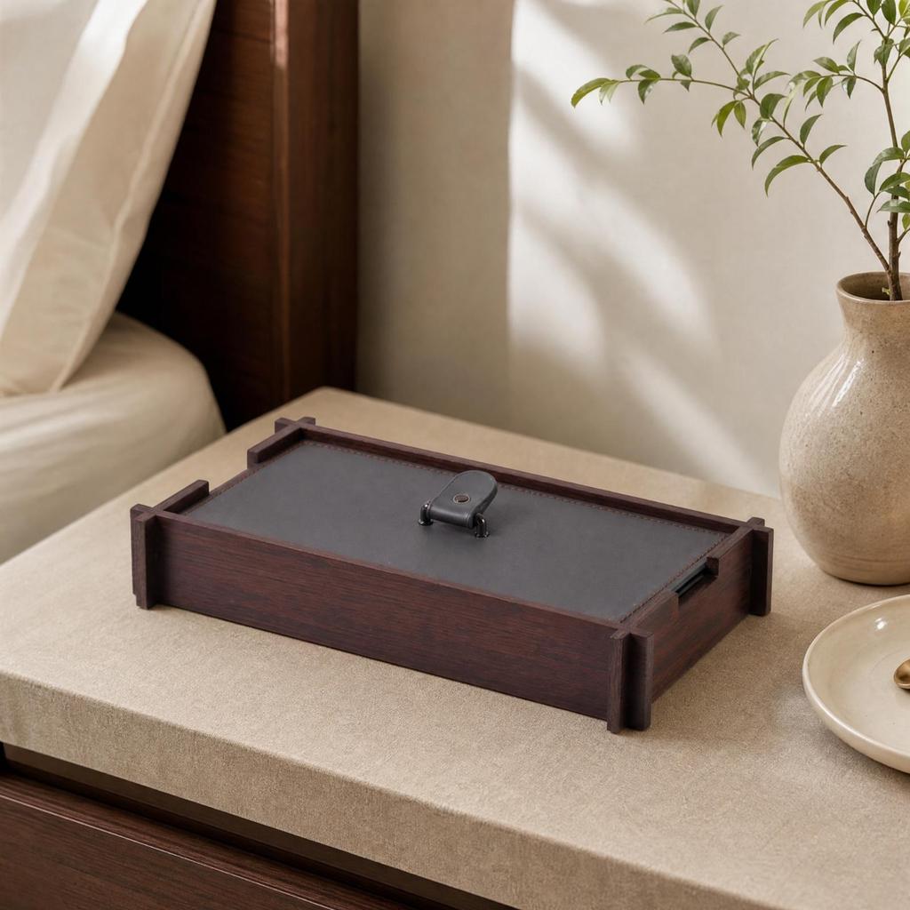 Wood Storage Box with Leather Panel Hand-Finished Tray Metal Handle