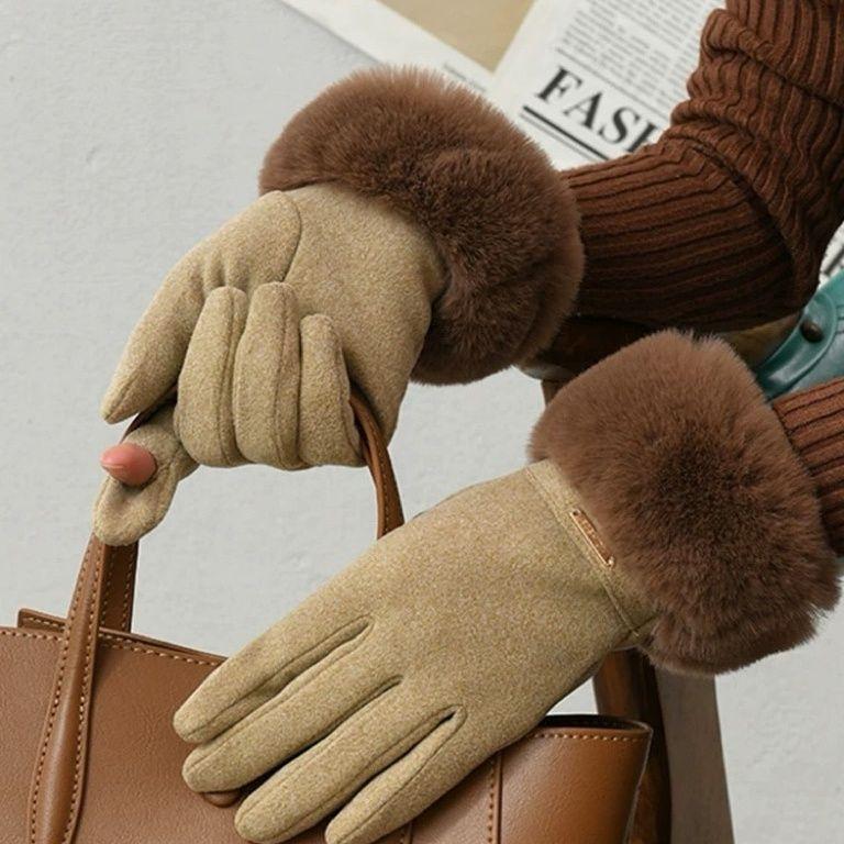 New Women's Warm Thickened Dew Finger Touch Screen Windproof Riding Plush Outdoor Fashion Gloves