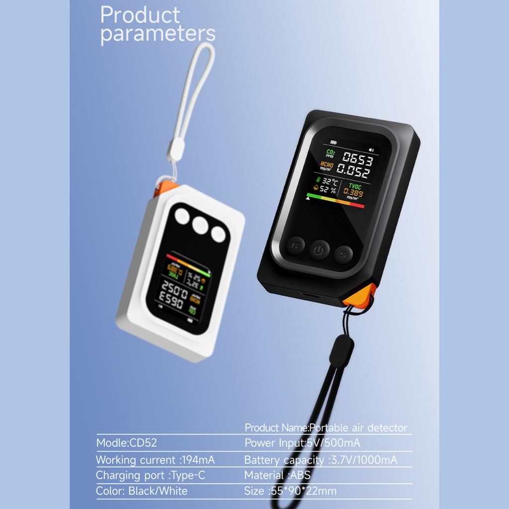 5 in 1 Portable Quality Monitor Detects TVOC CO2 Temperature Humidity with HD Screen Built-in Battery for Indoor Outdoor Use
