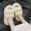 White thick-soled fluffy slippers for women's outer wear, one-word velvet to keep warm and increase height, autumn and winter 2025 new cotton slippers