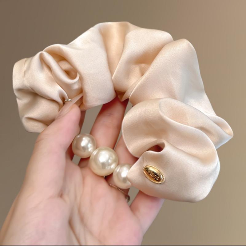 Koreanischer Stil Satin Perlenbesatz Haargummi, Elegant und Sanft Niedriger Pferdeschwanz Stil Reise Haargummi