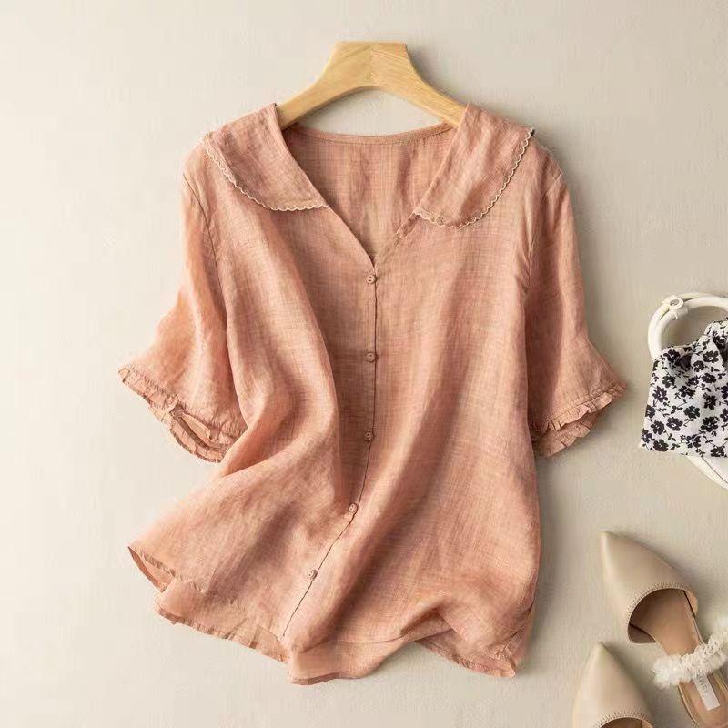 Women's Linen Peter Pan Collar Blouse Short Sleeve Lace Trim Loose Casual Top