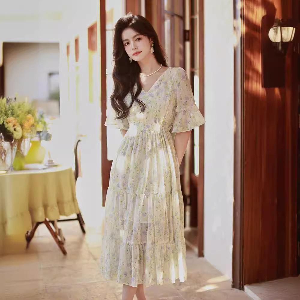 Women's Floral Chiffon Midi Dress - 2024 French Summer Slim Fit