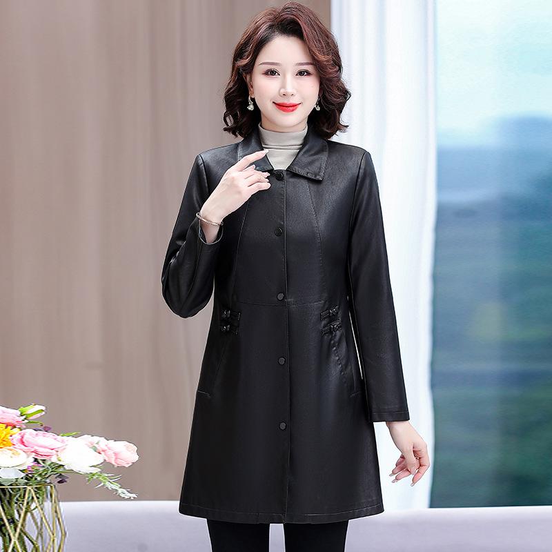 

Стильный кожаный тренч для женщин среднего возраста - Весенне-осенний приталенный, из вымытой кожи 3XL (130-140 jin) чёрный