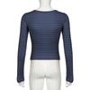 Striped Scoop Neck Slim-fitting T-shirt Women Casual Long Sleeves Button Crop Pullover Sexy Versatile Bottoming Top
