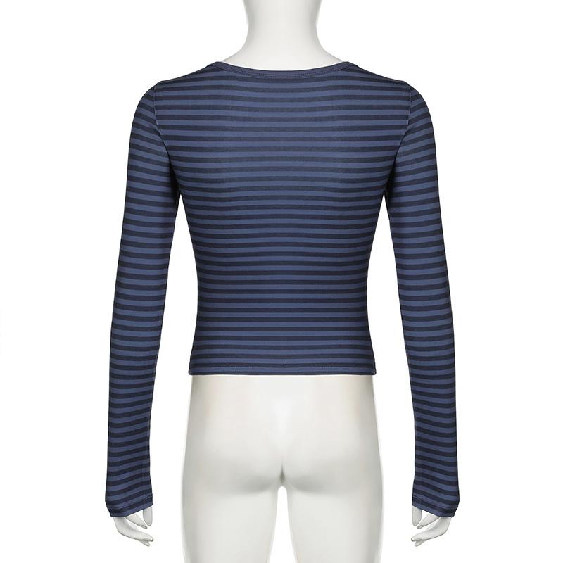 Striped Scoop Neck Slim-fitting T-shirt Women Casual Long Sleeves Button Crop Pullover Sexy Versatile Bottoming Top