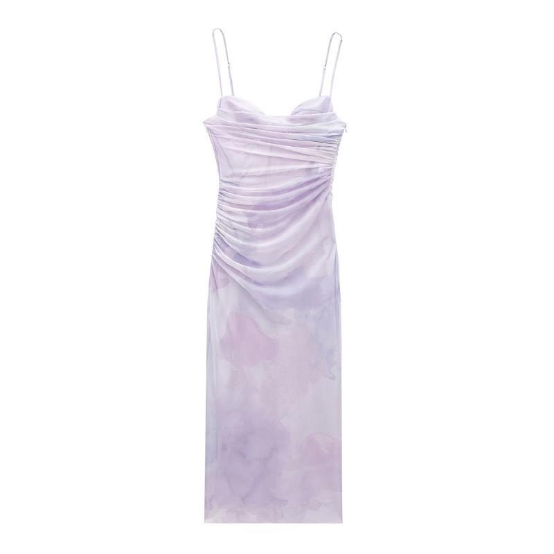 European American Women s Clothing Summer Sexy Figure-fitting Pleated Silk Mesh Suspender Dress M