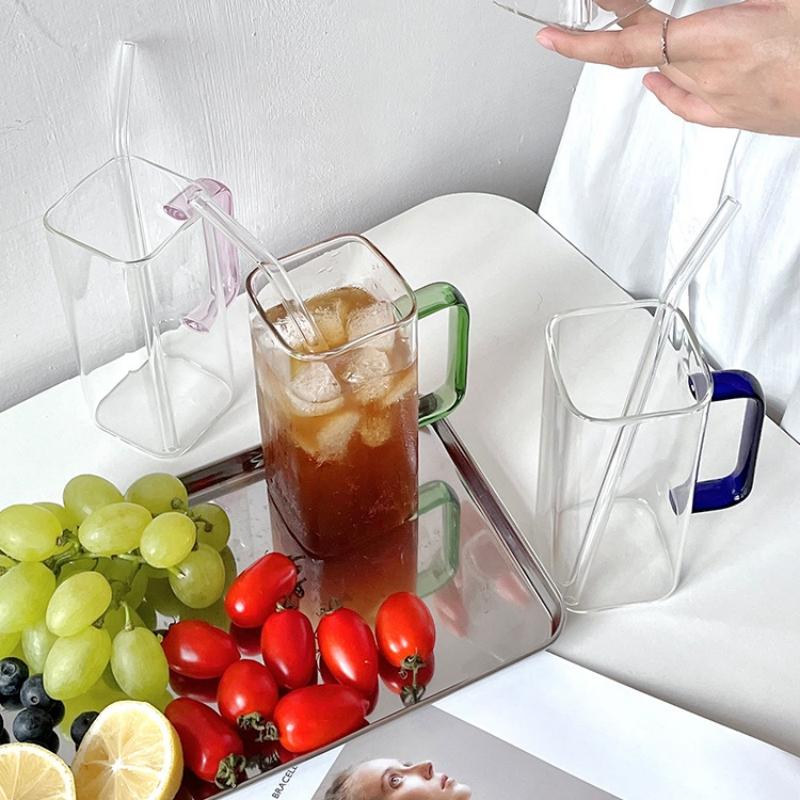 400ml Square Glass Mug With Lid and Straw Breakfast Milk Cup Microwave Safe Transparent Party Beer Coffee Mug Drinkware Glass