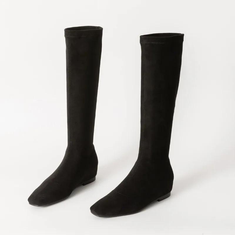 2024 Pantofi noi de damă Ghete de damă până la genunchi Ghete moderne concise pentru femei, cusut cu vârfuri pătrate, pantofi cu slip on la jumătatea gambei, pentru femei